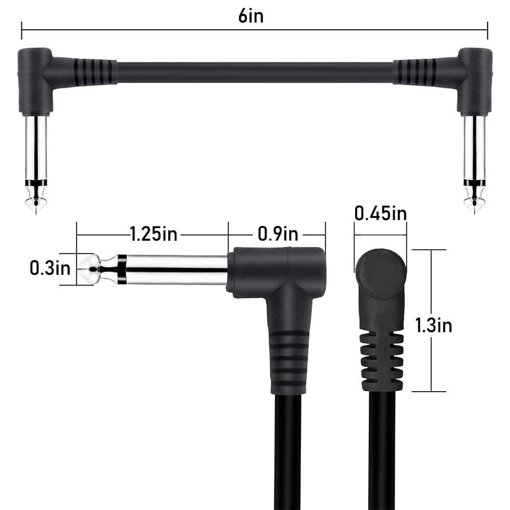 3 or 6 Pack 6 Inch Guitar Patch Cables, 1/4 Inch TS Right Angle Flat Patch Cable
