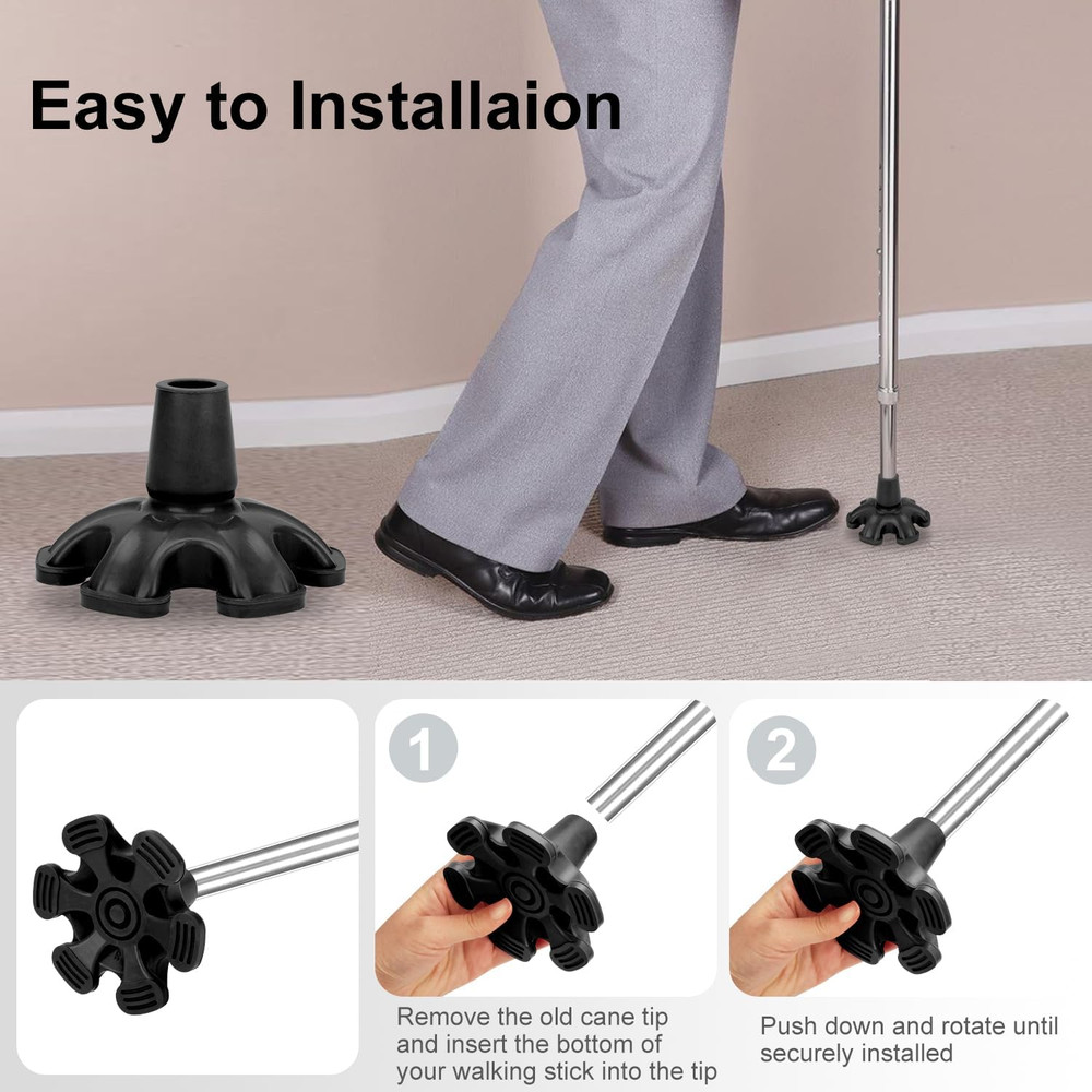 Cane Tip - Self Standing 6 Prong Support Rubber Base for Walking Stick & Cane -