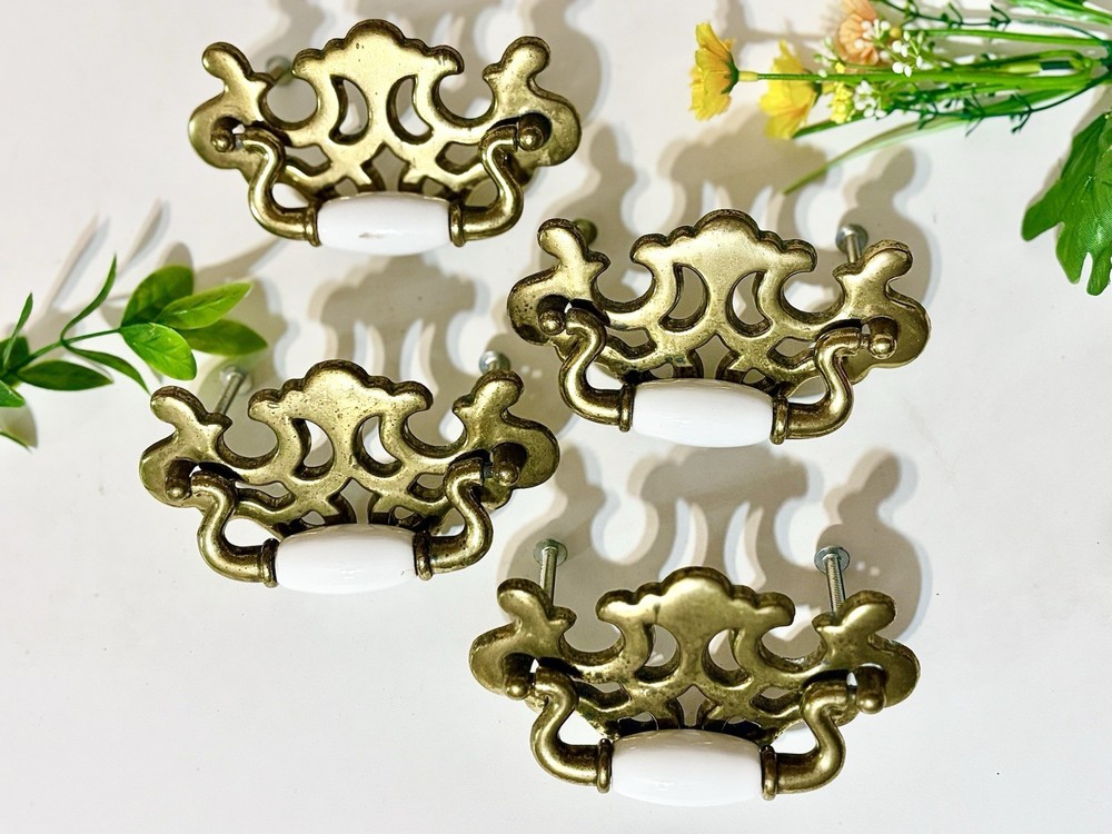 Antique French Provincial Ornate Openwork Brass Chippendale Drawer Pull Handle