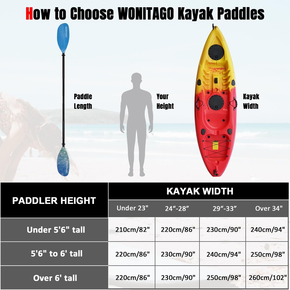 WONITAGO Kayak Paddle, Adjustable 230-250cm, Alloy Shaft, PP Blade, Floating