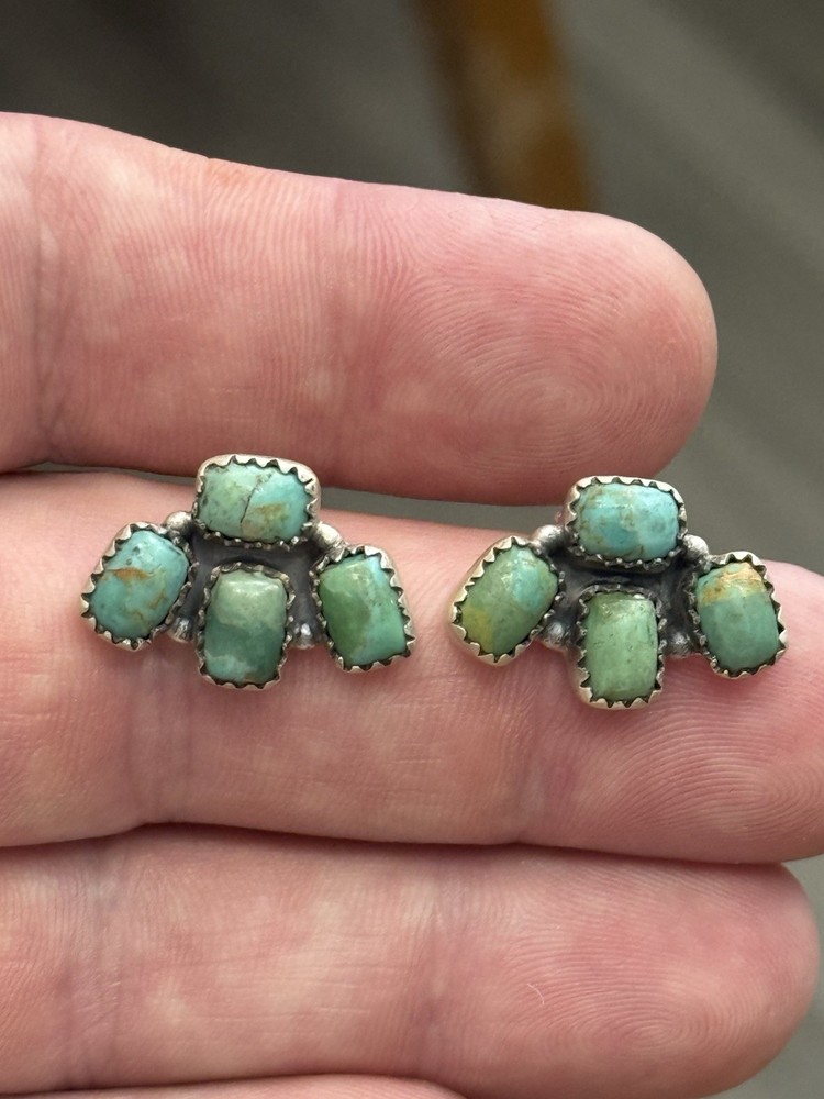 STERLING SILVER TURQUOISE 4 STONE HALF CLUSTER STUD POST EARRINGS .925