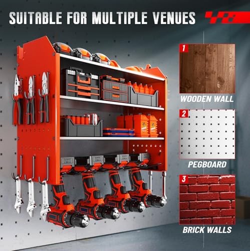 Wall Organizer for Power Tool Storage, Garage Tool Organizer with 4 Red-4tier