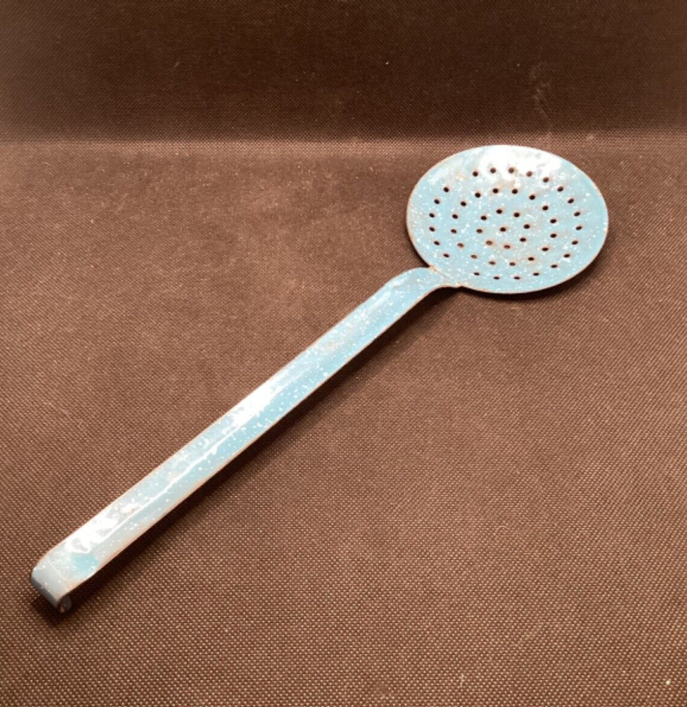 Vintage light Blue white Speckled Enamelware / Graniteware Strainer Ladle