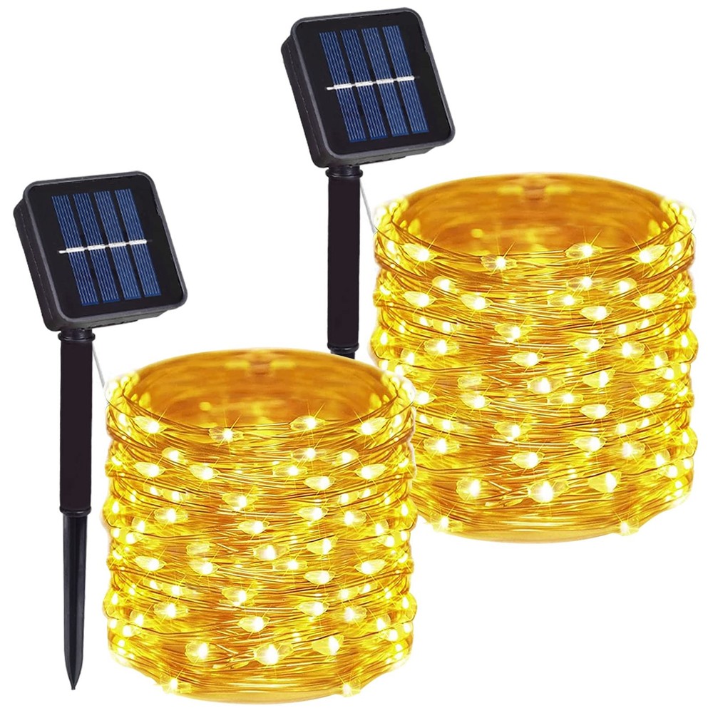 2 Pack Total 200 LED 66FT Solar Powered Copper Wire String 2 Pack, Warm White