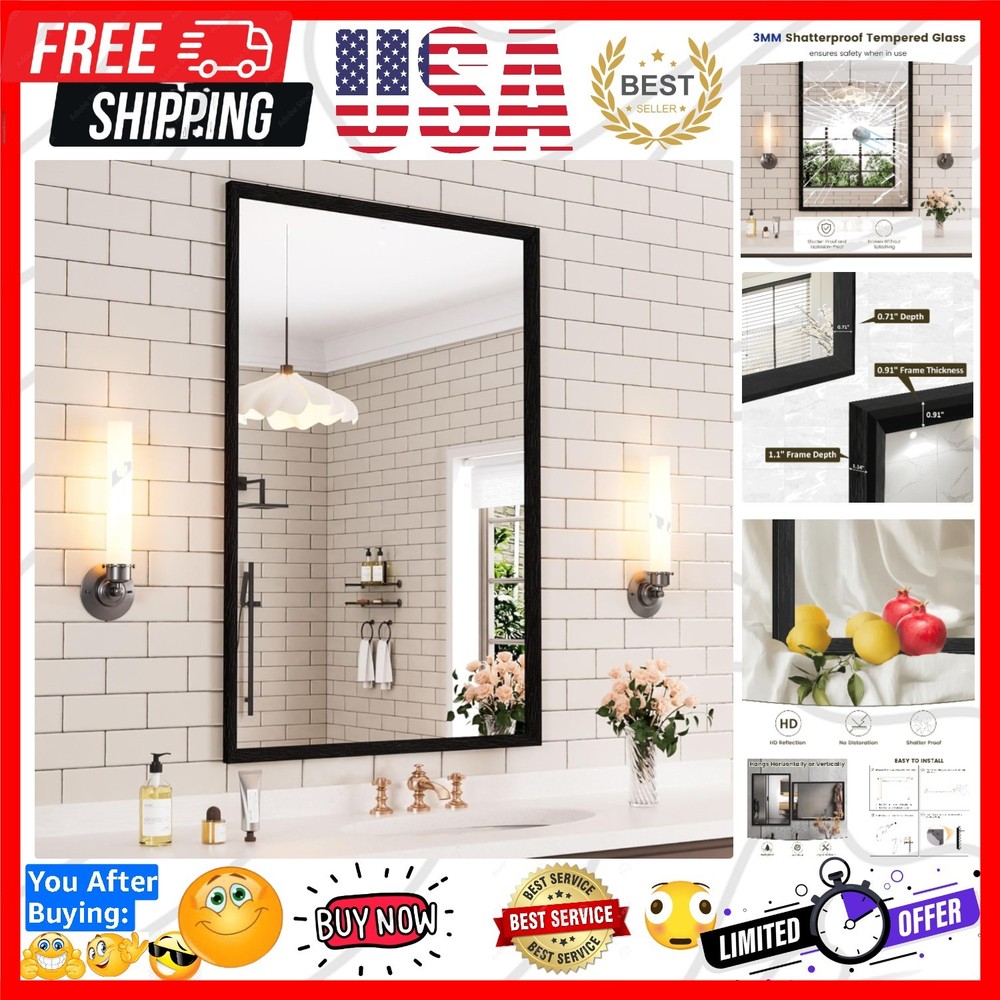 24X36 Inch Black Bathroom Mirror, Matte Black Framed Mirror, Rectangular Wall...