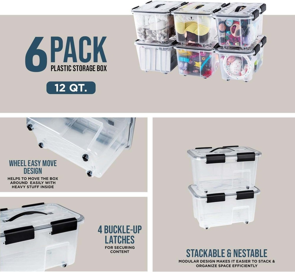 Stackable Storage Box Set Nestable Design Secure Latches Wheels & Pull-Out Base