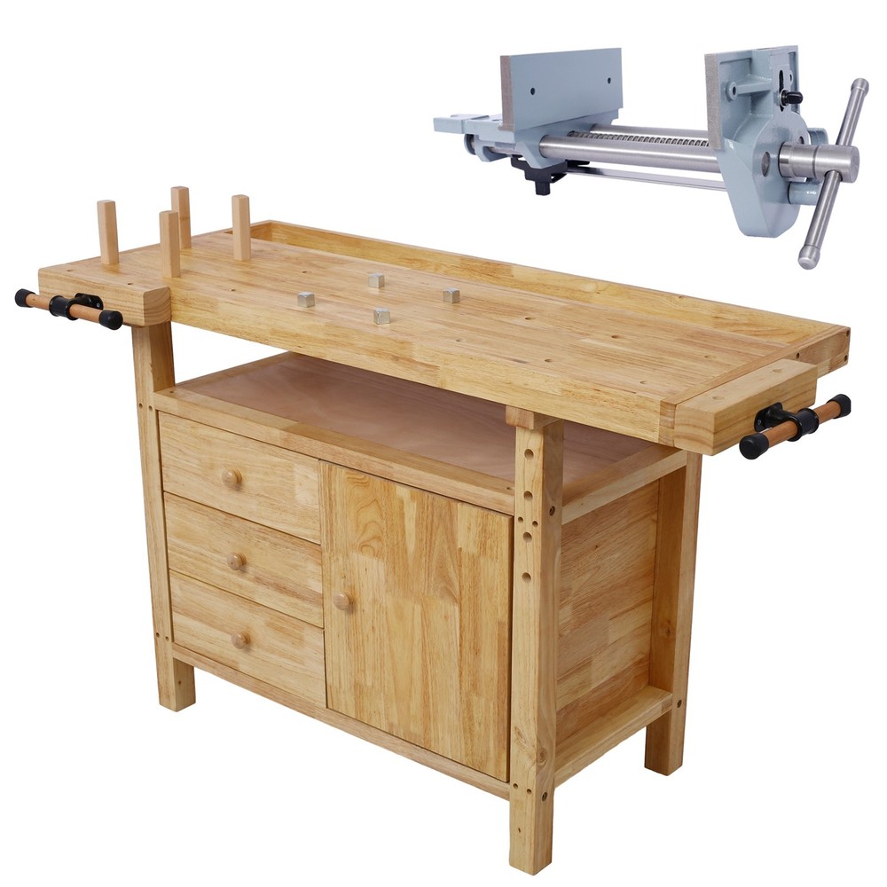 Wood Workbench with 7" Cast Iron Vise for Garage Workshop