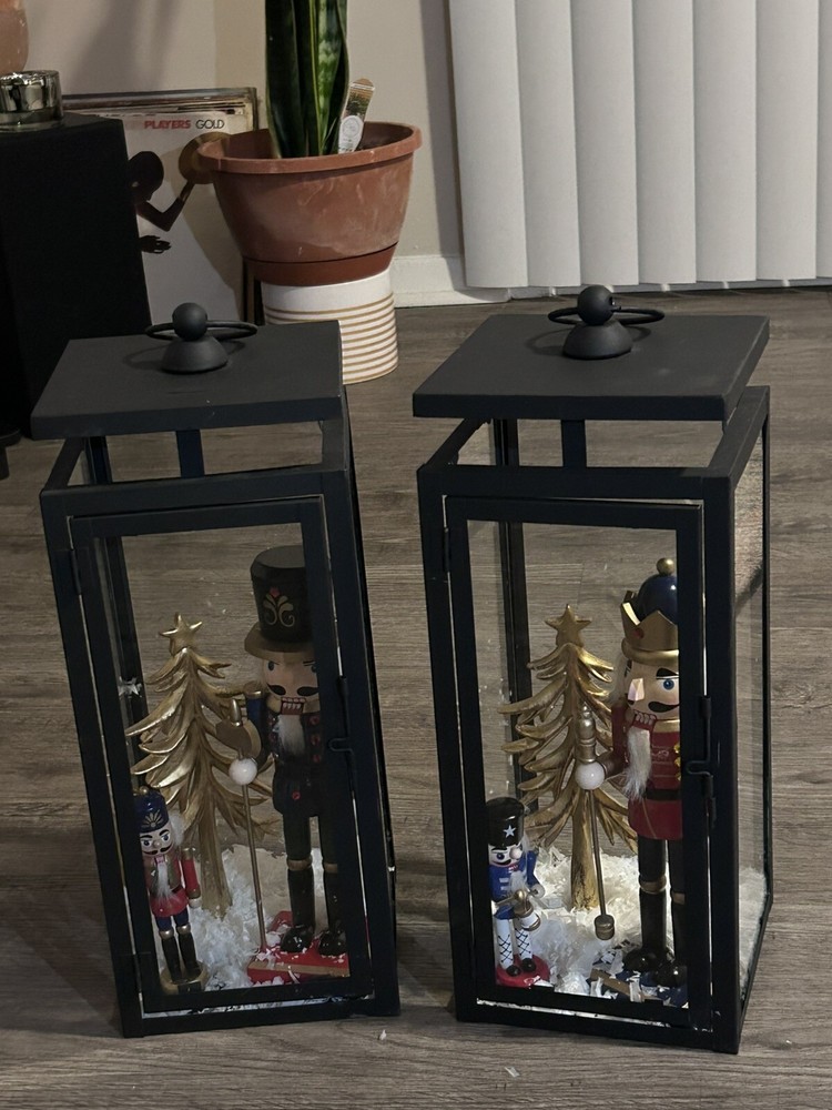 Two Christmas Themed Nutcracker Lanterns 14 In In Height 2 Nutcrackers 4" & 10"
