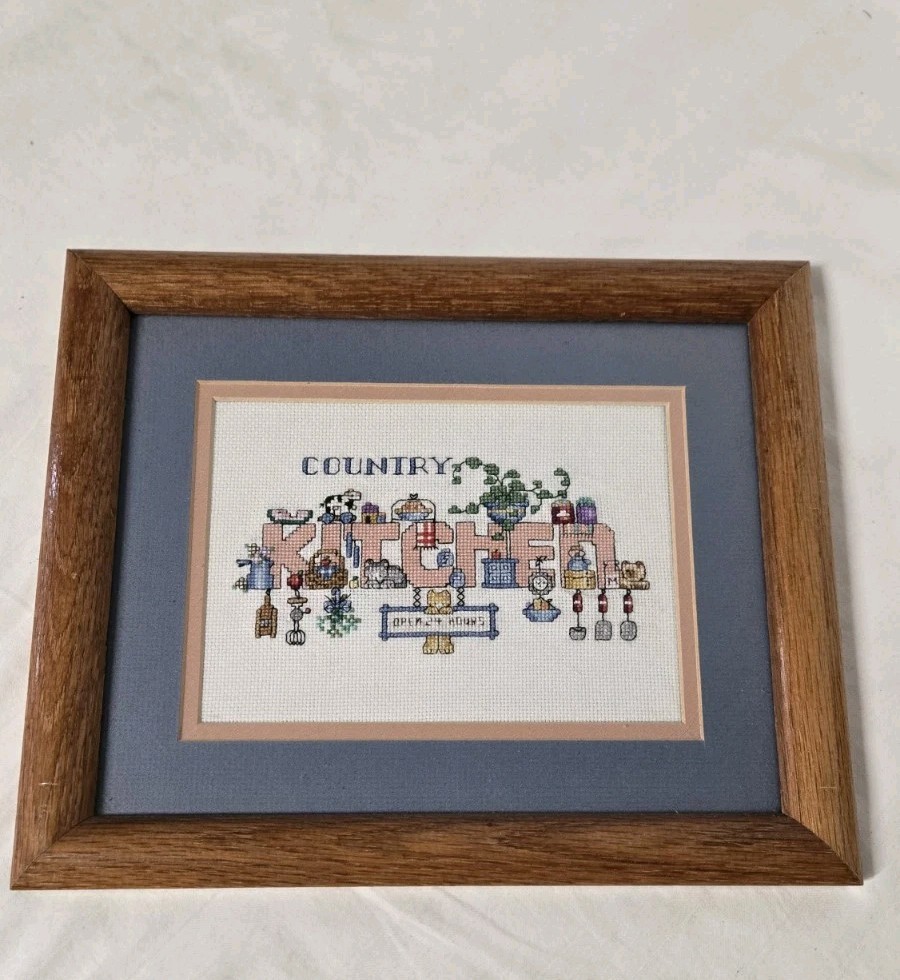 Framed Cross Stitch Country Kitchen Wall Hanging Cats Finished