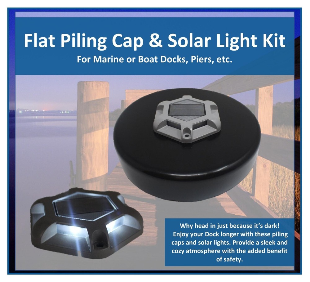 Black Flat Dock Piling Cap with Outdoor Solar Powered Waterproof LED White Light