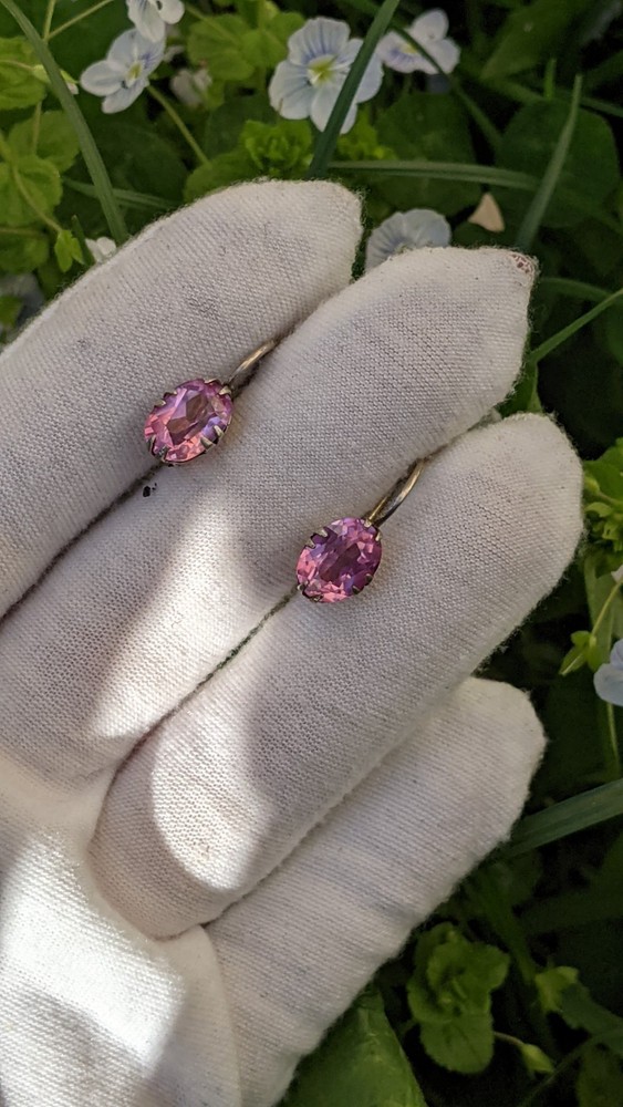 Vintage Soviet 875 Silver Earrings with Pink Ruby Tone Stones