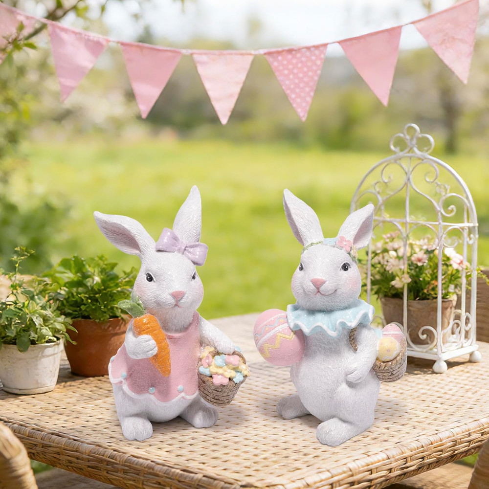 Easter Bunny Figurines Set, Spring Rabbit Decor with Easter Eggs Basket, Floral
