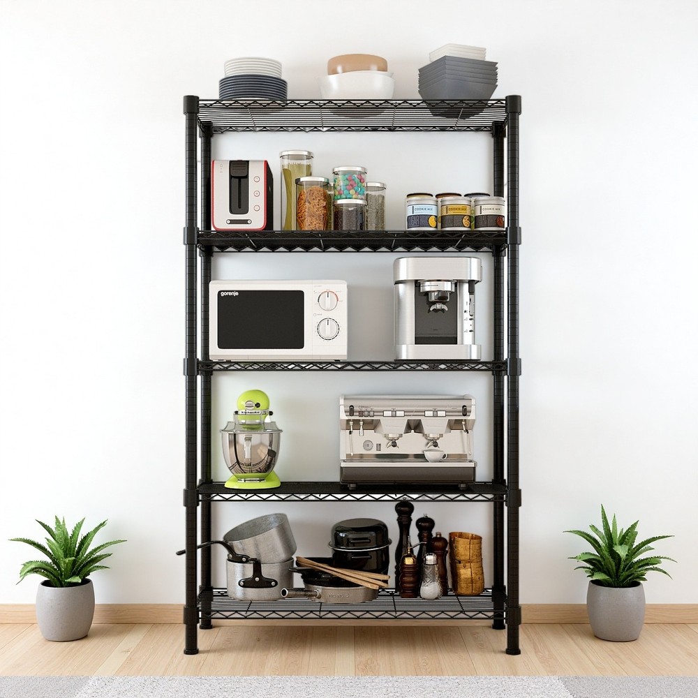 5-Tier Wire Shelving Unit - Heavy Duty, Adjustable, Modular & Black Storage Rack