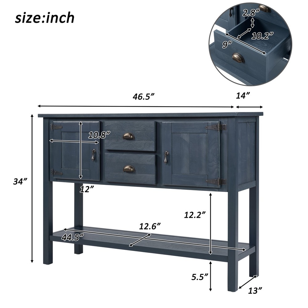Solid Wood Sideboard Console Table w/ 2 Drawers, Cabinet, Navy Blue