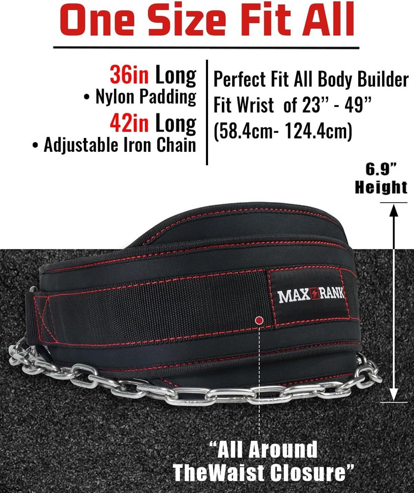 MAXRANK Dip Belt for Weightlifting - 37'' Chain Pull Ups Universal dimensions