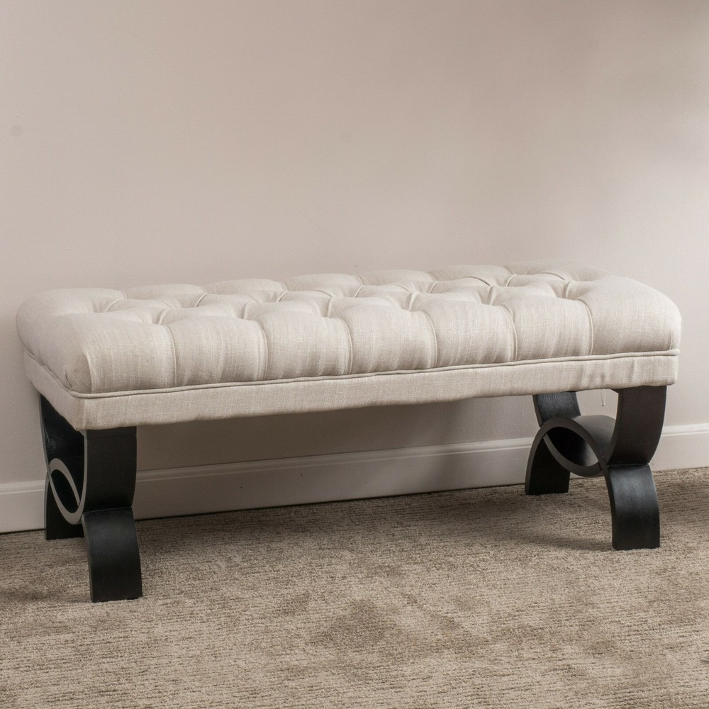 Colette Contemporary Button Tufted Light Beige Fabric Ottoman Bench