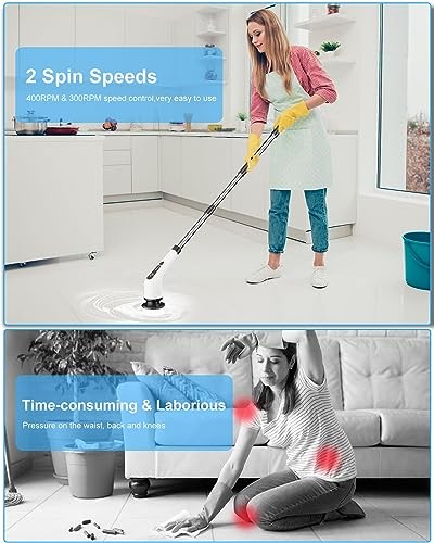 Electric Spin Scrubber, Cordless Cleaning Brush with 8 Replaceable Brush White
