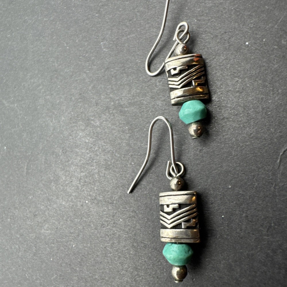 Native Inspired Dangle Drop 1.25” Earrings Silver Tone Turquoise