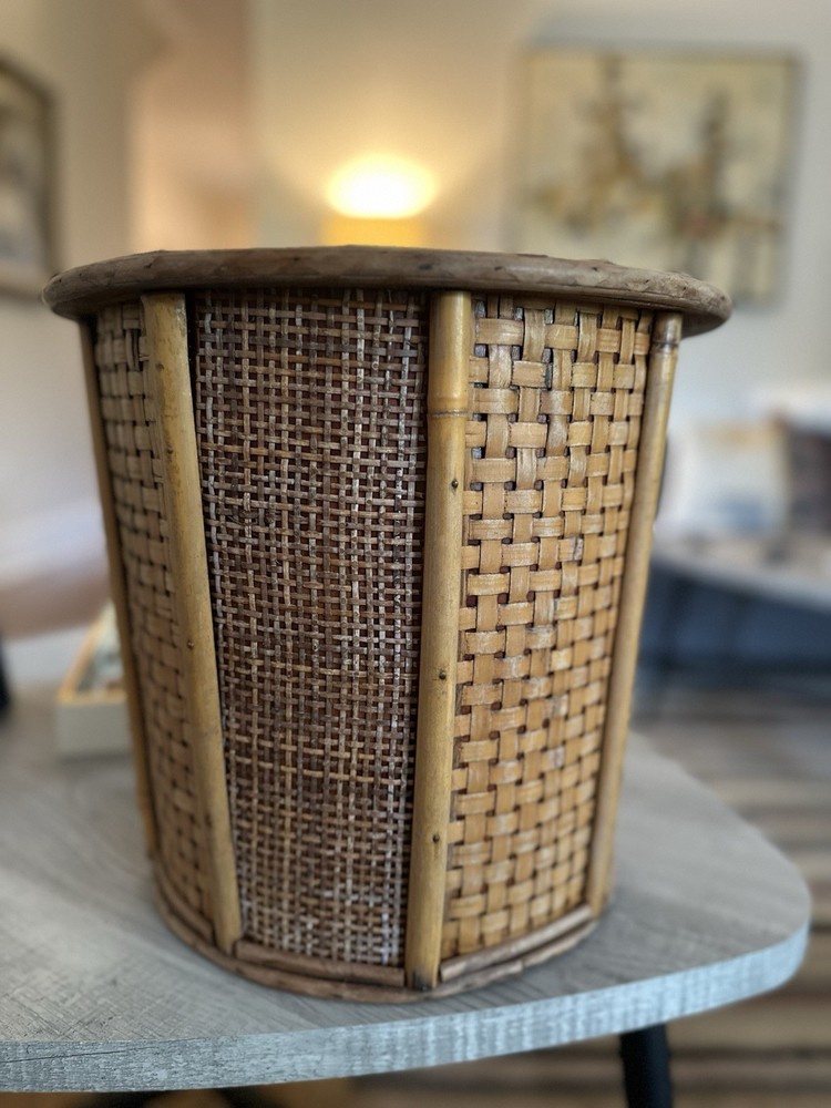 Wicker And Bamboo Panel Planter Or Wastebasket 13”