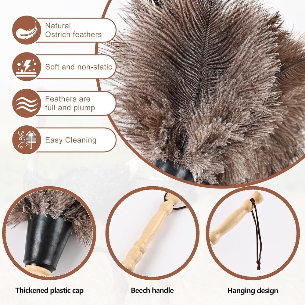 Ostrich Feather Duster 14" Natural Handheld Reusable Feathers Dusters W/ Handle