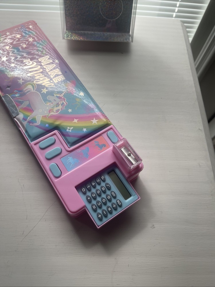 Hot Focus Multi-Function Pencil Case Unicorn Calculator Sharpener Pink NIP