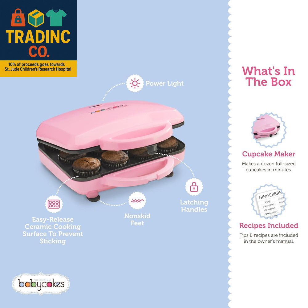 Full Size 12 Cupcake Maker - Kitchen Appliance with Nonstick Coating & Latching