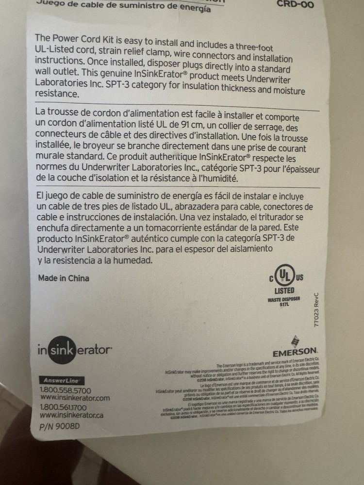 insinkerator garbage disposal Power Cord Kit