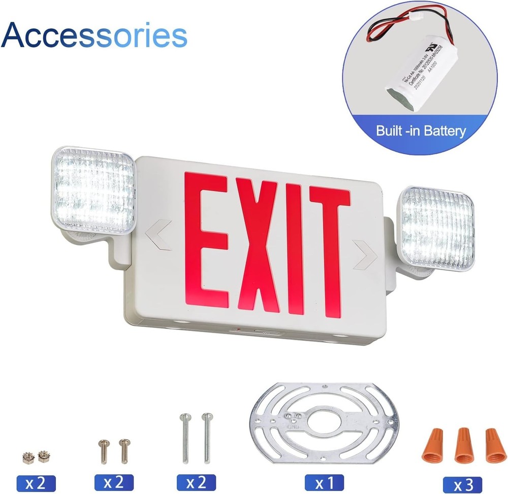 Red Exit Sign w/ Emergency Exit Lights Fixture/ Battery Backup, AC 120/277V