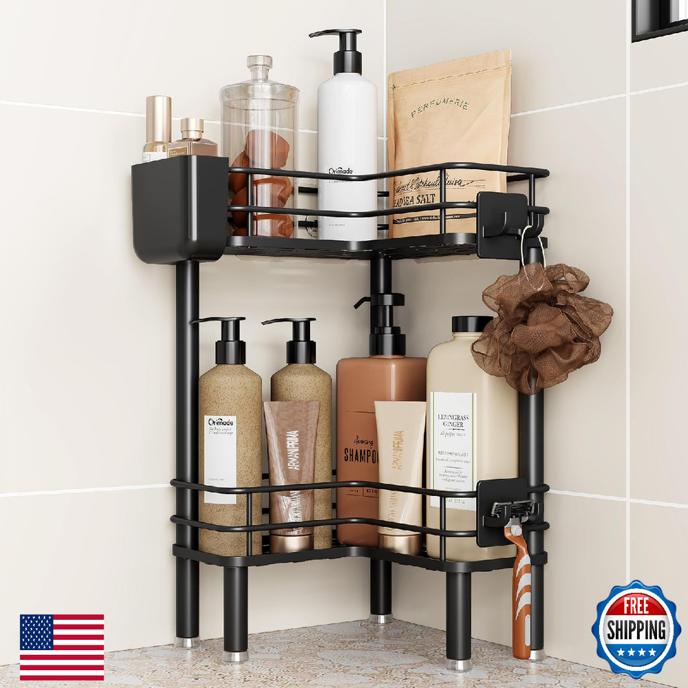 Orimade Rustproof 2 Tier Floor Standing Corner Shower Caddy Organizer with Tooth
