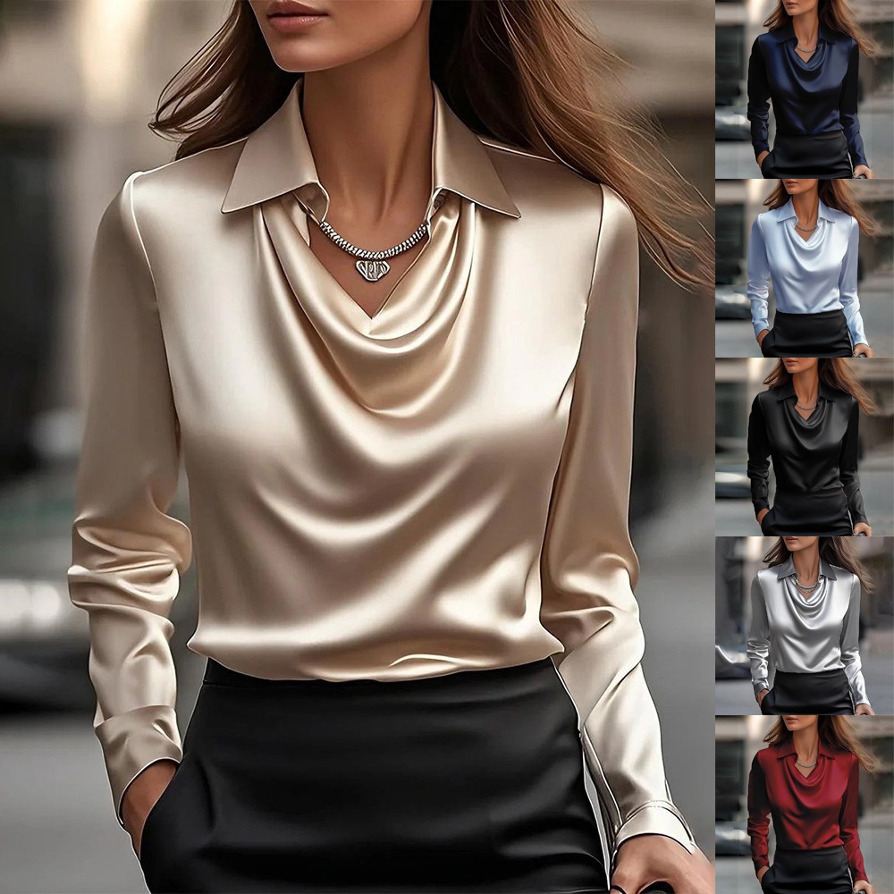 Ladies Satin Silk Tee Shirts OL Work Lapel V Neck Pullover Blouse Tops