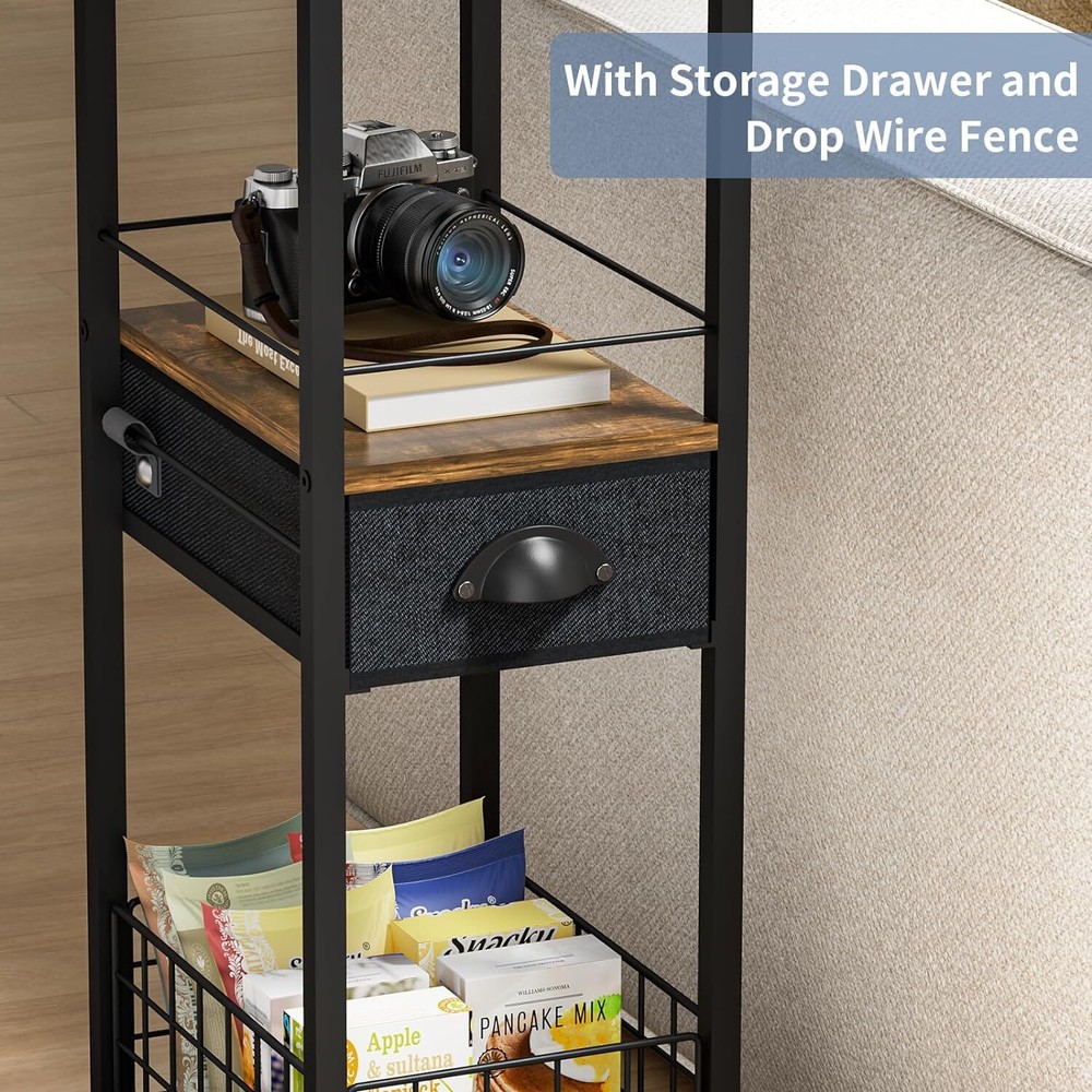 C Shaped Sofa Side Table Couch End Table with Drawer Bedside Table with Wheels