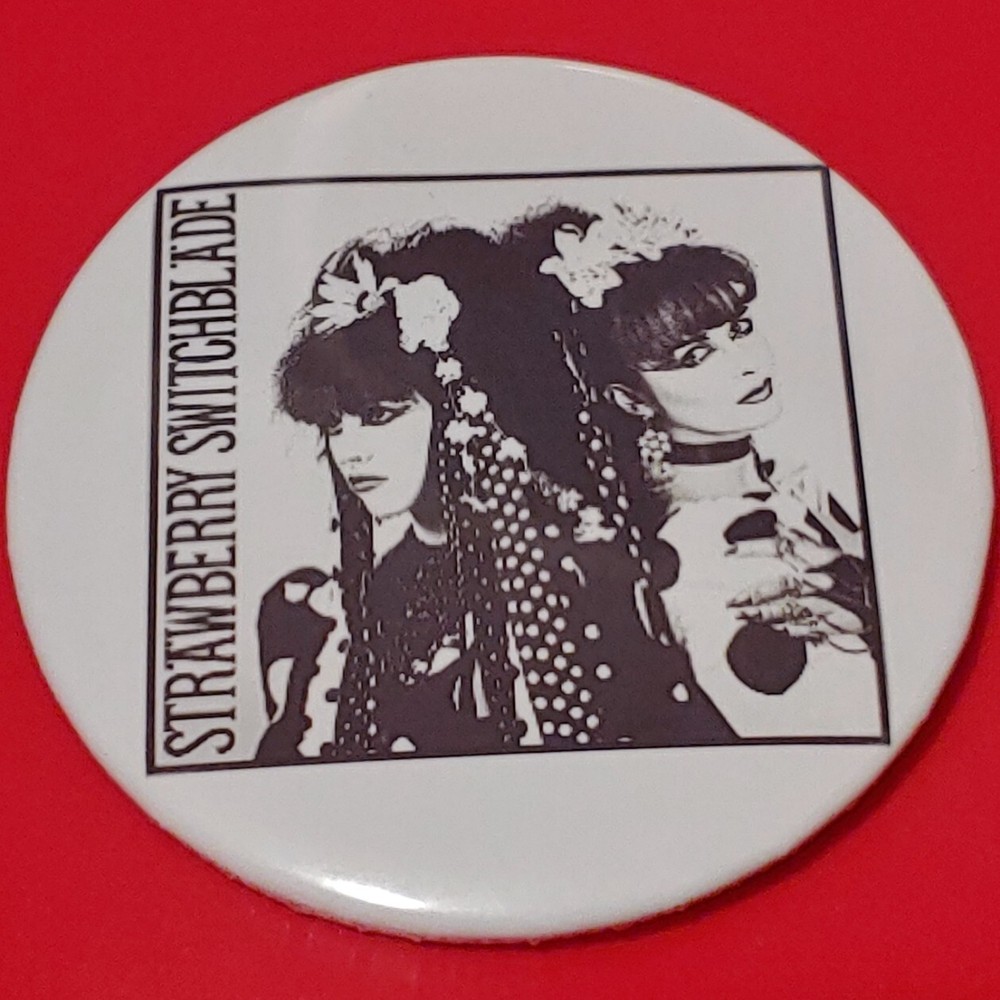 2 1/4 Inch White Strawberry Switchblade New Wave Dark Wave Goth Pinback Button
