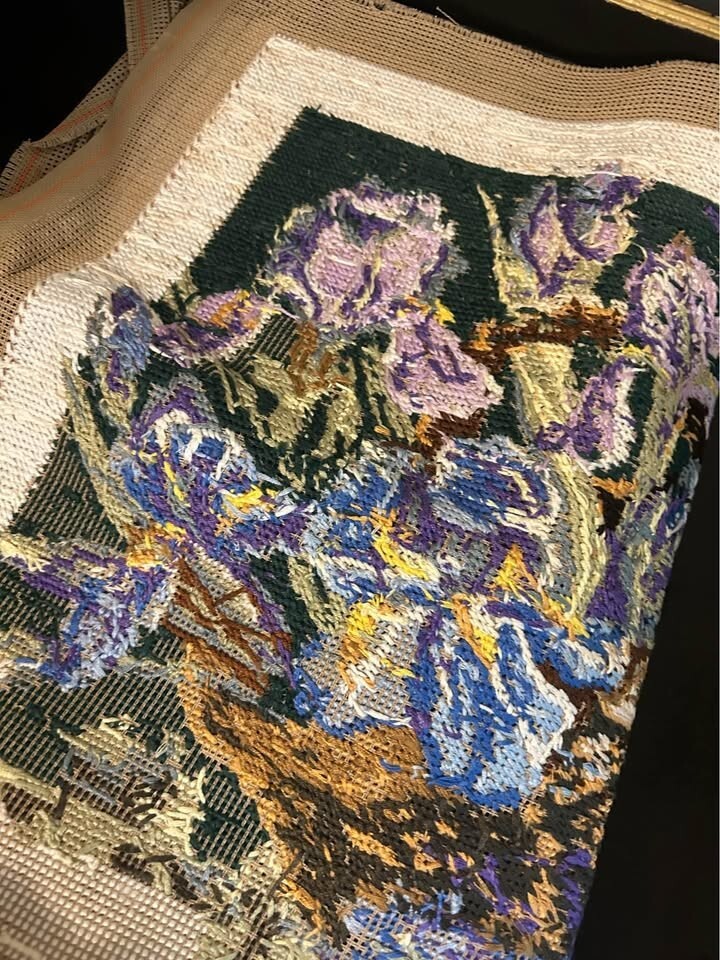 Completed tapestry needlepoint irises 50 cm x 36 cm MP