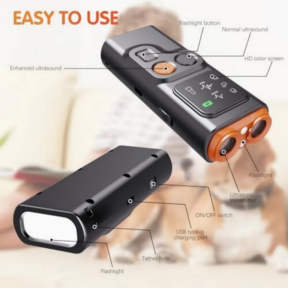 Ultrasonic Dog Training Device with Bark Deterrent and LED Flashlight Feature