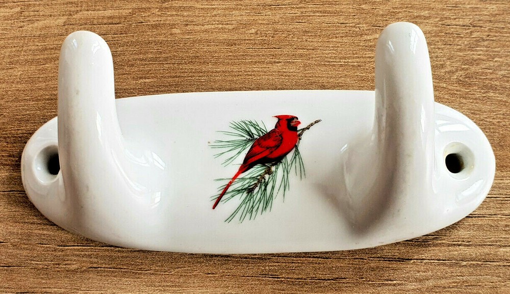 Vintage Porcelain Towel Holder Paris Bird Pattern Red Decor