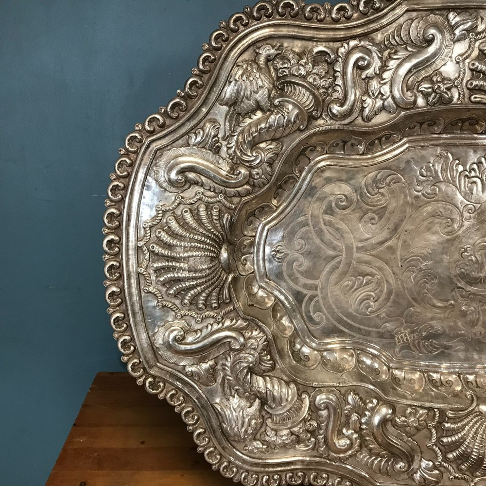 Impressive 19th C. Continental Sterling Silver Repousse Platter