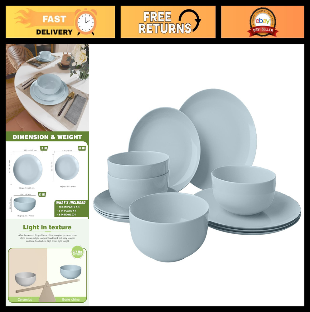 12-Piece Blue Bone China Dinnerware Set, Lightweight, Chip Resistant, Service fo