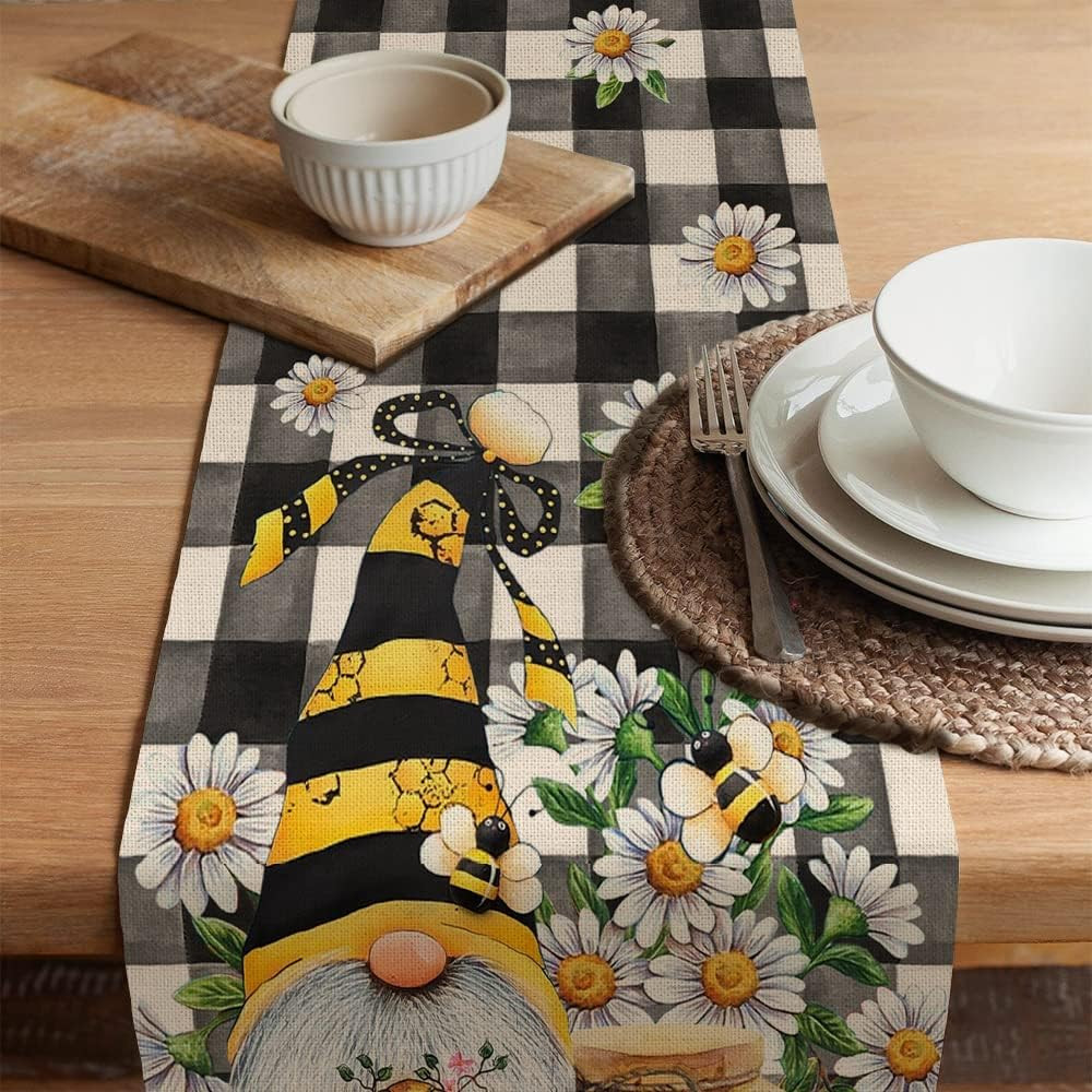 Spring Bee Gnome Table Runner, Honey Black White Buffalo Plaid Check Home Kitche