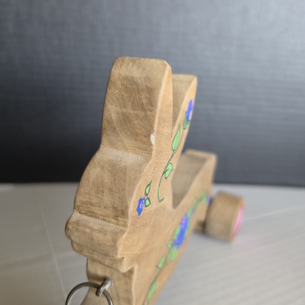 Rabbit Bunny Wooden Pull Toy Handmade Easter Spring Flowers Hearts