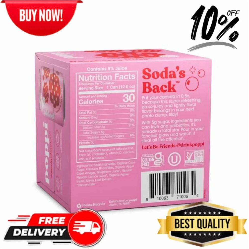 poppi Raspberry Rose Prebiotic Soda, 12 fl oz, 4 Pack Cans
