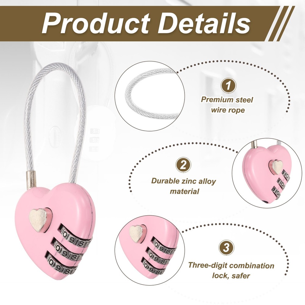 2-Pack Combination Padlock, 3 Digit Heart Shaped Cable Luggage Lock [Pink]