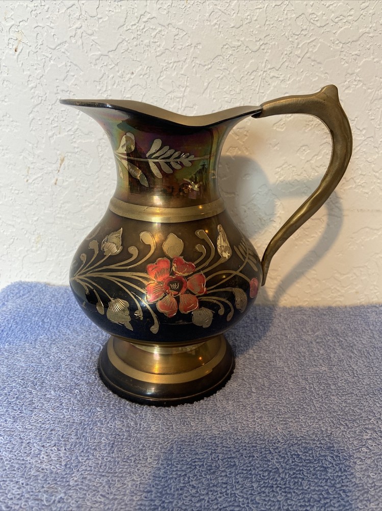 Vintage Hand-Painted copper Water Pitcher 6 “ tall