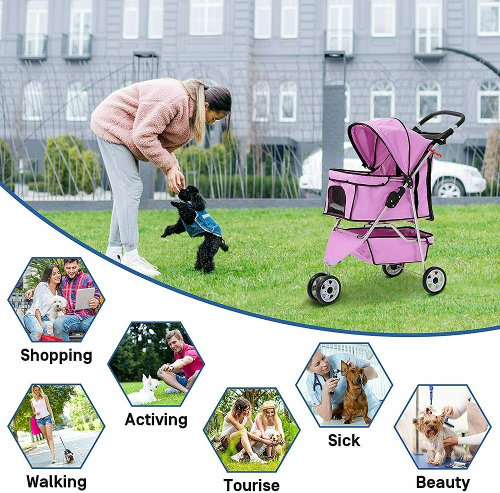 3 Wheels Pet Stroller Folding Cat Stroller w/Durable Wheels Dog Travel Stroller
