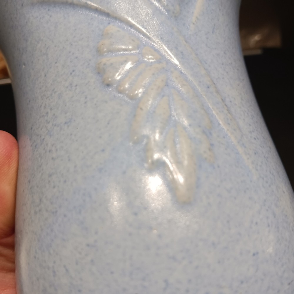 Vtg Ceramic Blue Speckled Vase, Leaf Design
