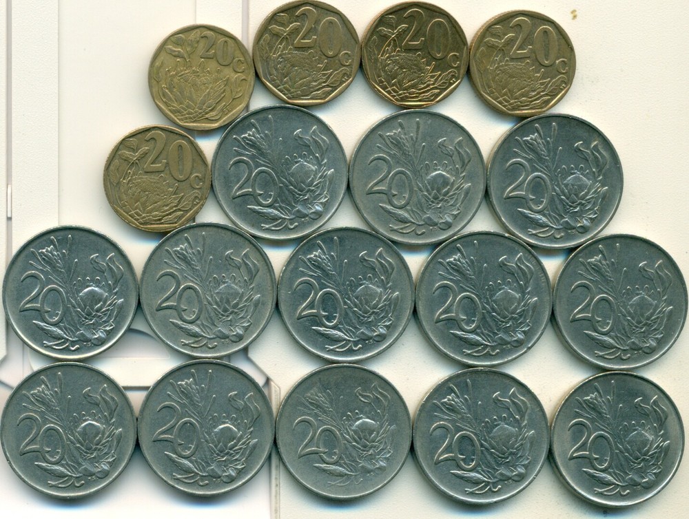 18 DIFFERENT 20 CENT COINS from SOUTH AFRICA (1965-2012/4 DIFFERENT TYPES)