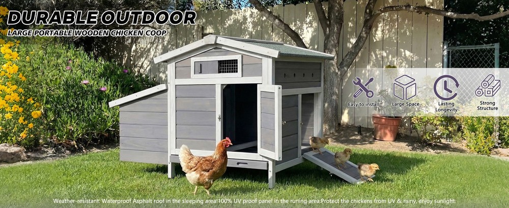 Wooden Chicken Coop with Nesting Box, Pull-Out Tray, Waterproof Roof