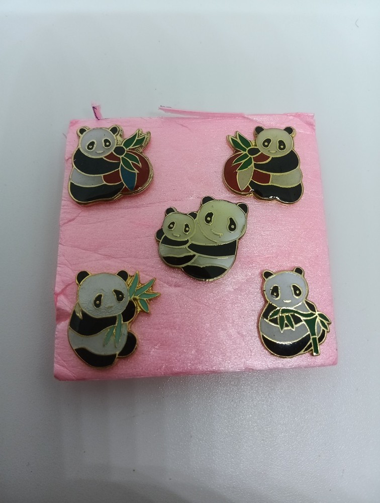Vintage 5  PANDA  Pinback Lapel Buttons   Set