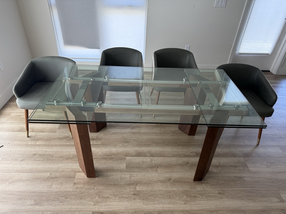 4 Seat Dining Room Set. Extendable Glass Table . Solid Wooden Legs