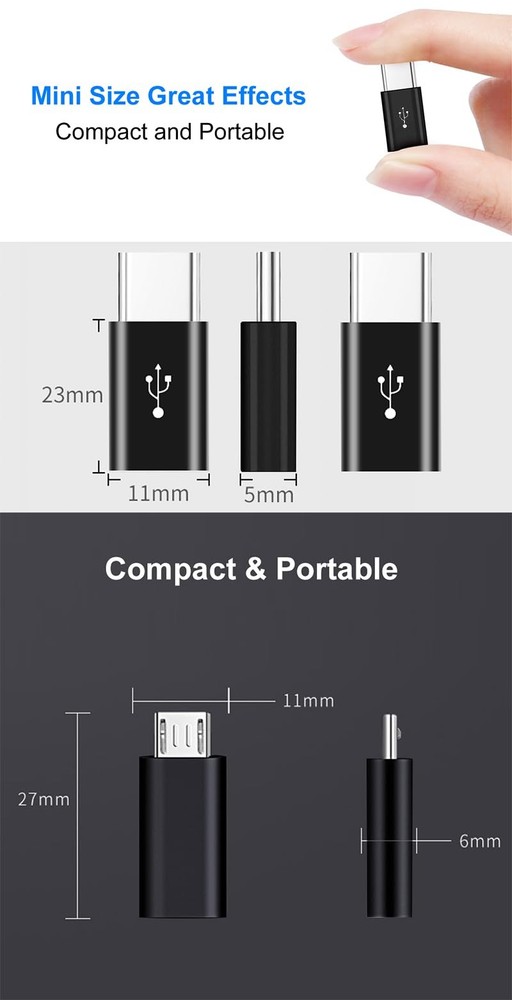 Micro USB to C Adapter 4 Pack, Type C Male Female Black