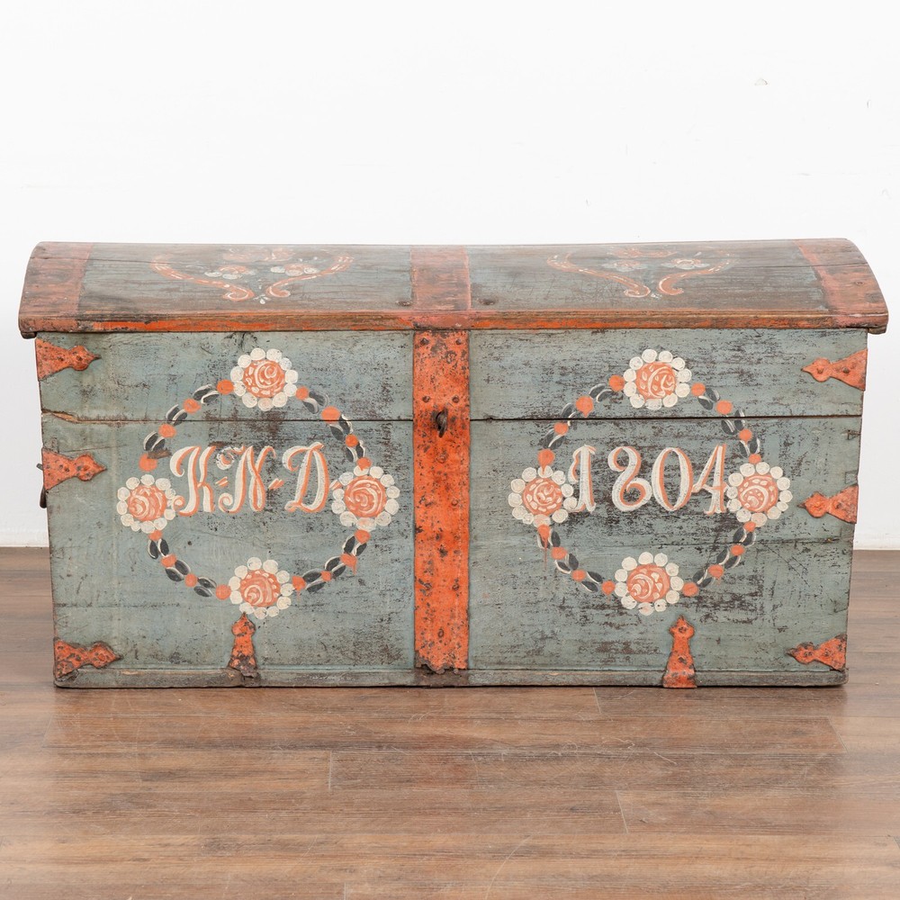 Original Blue Painted Dome Top Trunk from Sweden dated 1804